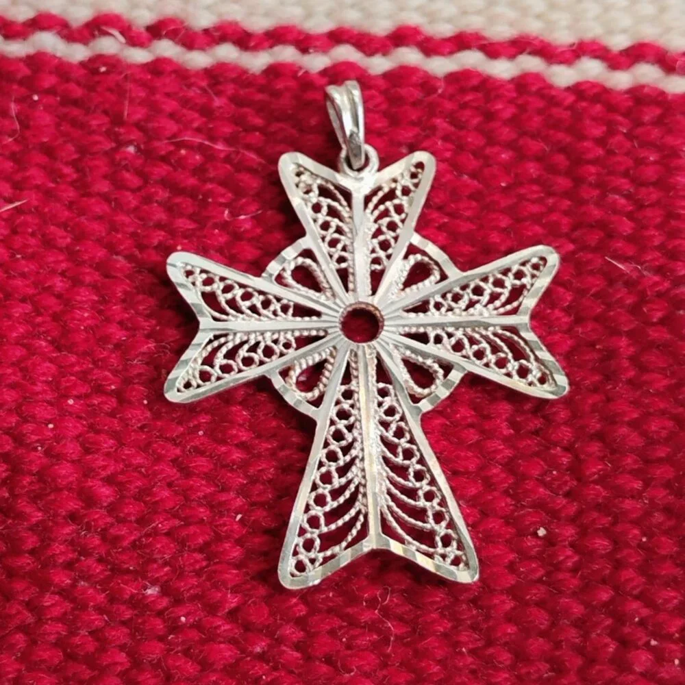 Filigree Sterling Silver Maltese Cross Pendant 1 5/8" Long Handmade - Picture 2 of 6